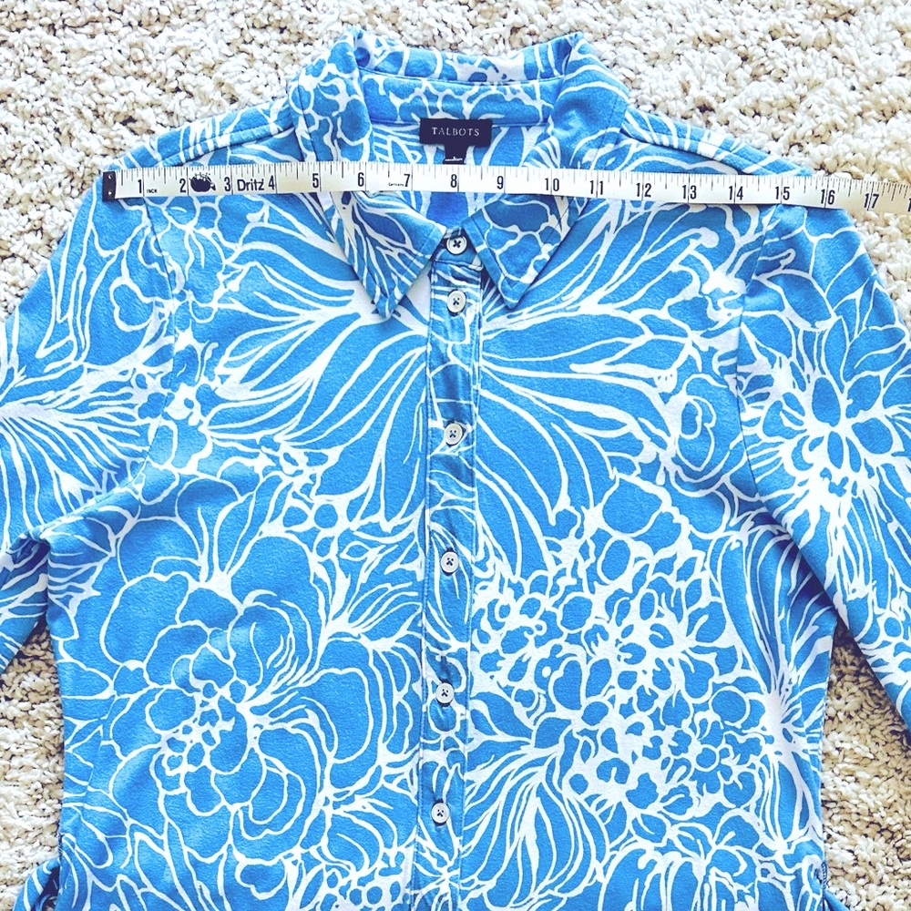 Talbots Blue and White Floral Stretch Shirtdress, Size Large - Picture 10 of 13